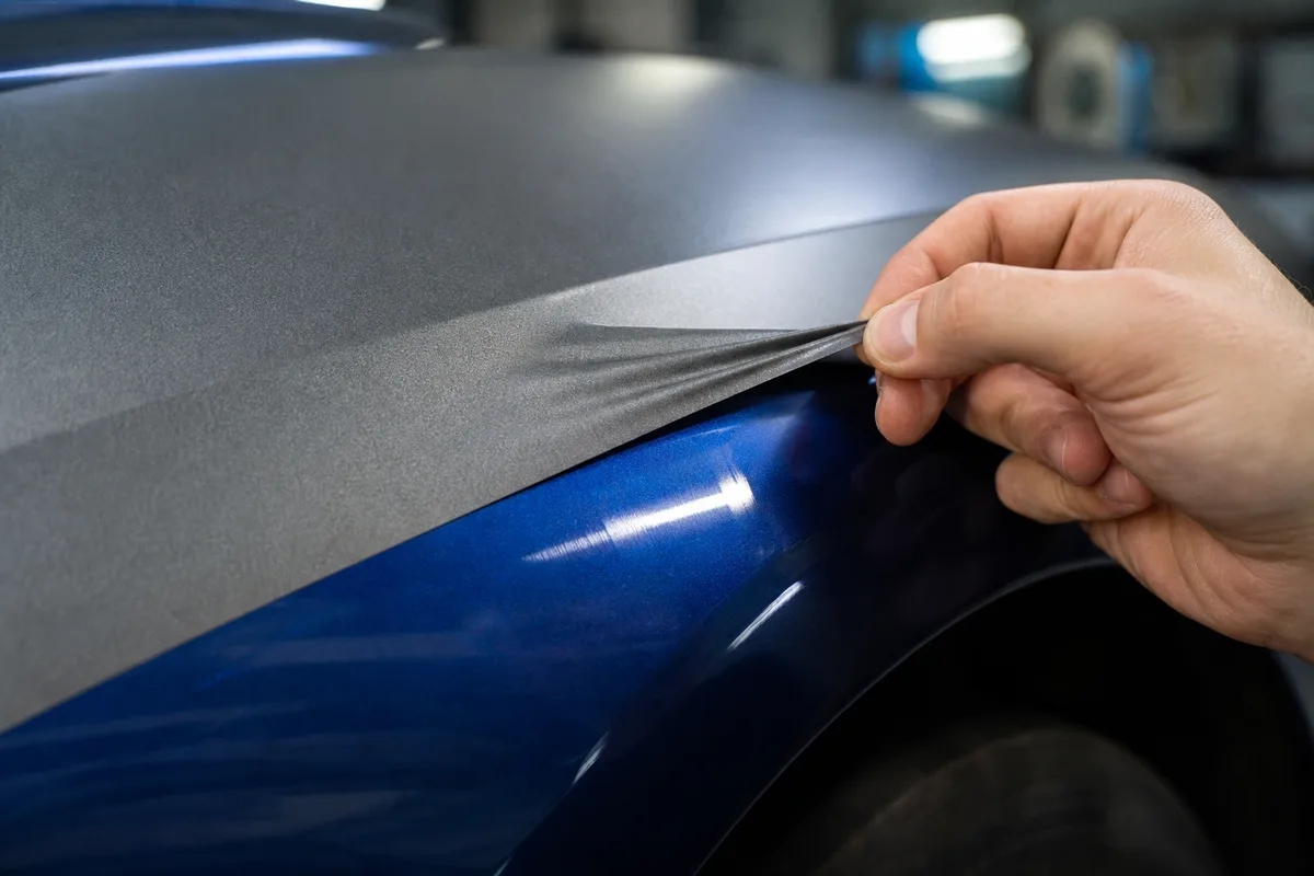 Coin d&rsquo;un film de covering soulevé à la main sur une aile de voiture, laissant voir la peinture d&rsquo;origine