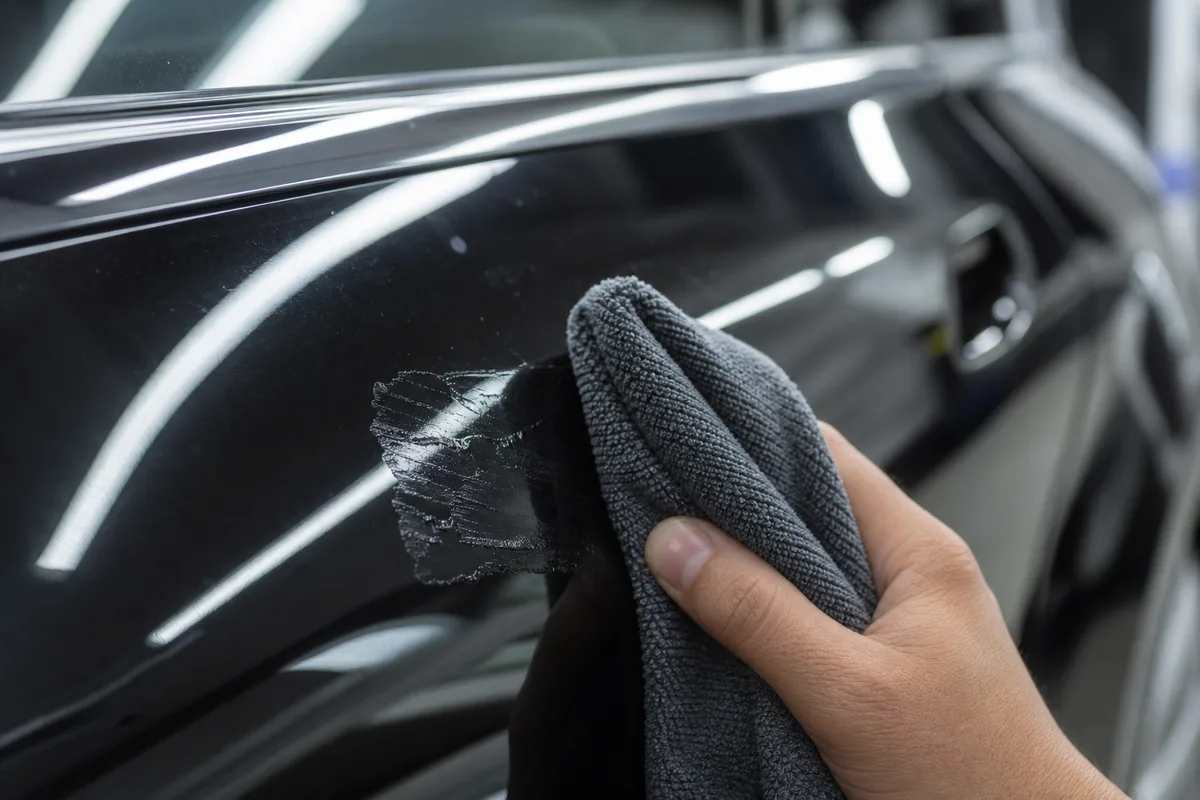 Chiffon microfibre appliqué sur une trace de colle résiduelle laissée sur une carrosserie noire
