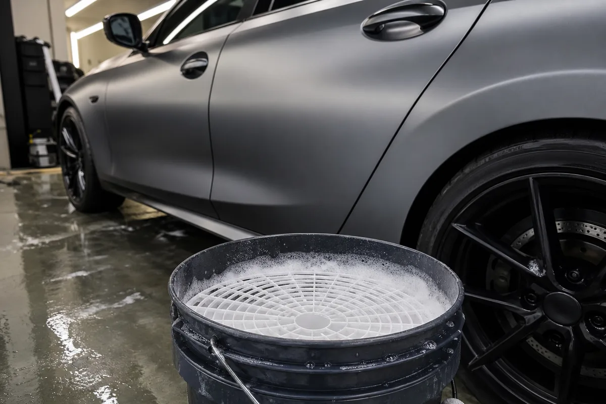 Seau d’eau savonneuse avec grille de décantation posé à côté d’une voiture au film satin