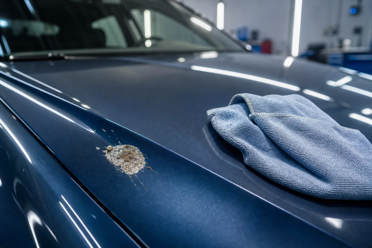 Fiente d’oiseau séchée sur un capot de voiture avec une microfibre posée à côté