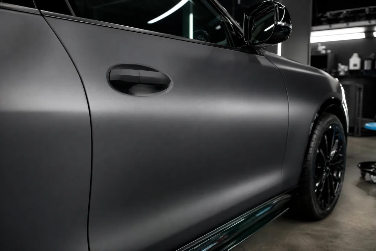 Portière de voiture en film satin anthracite éclairée en lumière rasante montrant un reflet diffus