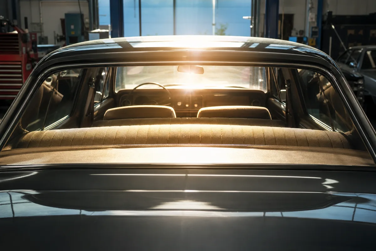 Habitacle de voiture vu de l’arrière avec le soleil frappant la lunette et la banquette