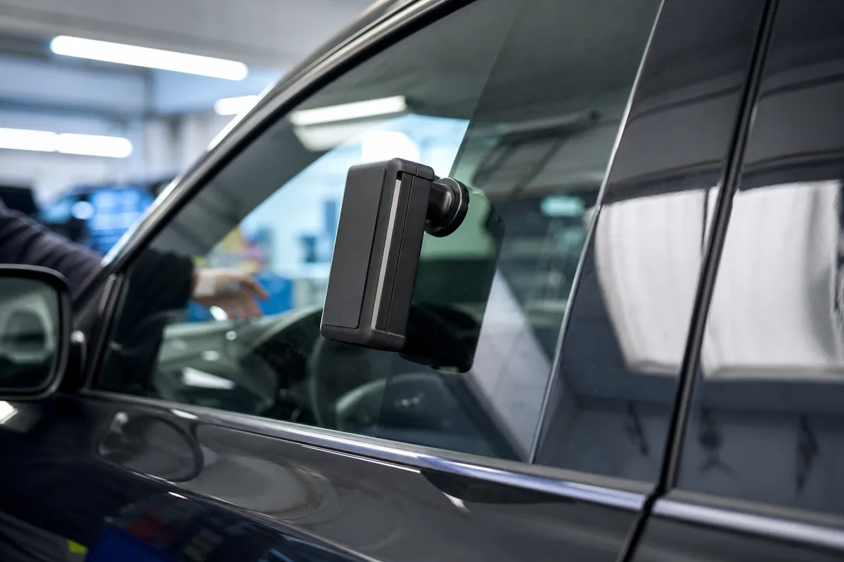 Photomètre de contrôle posé contre la vitre latérale d&rsquo;une voiture, main d&rsquo;un agent en arrière plan